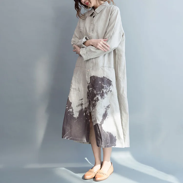 LZJN Vintage Painting Style Summer Long Dress Long Sleeve Shirt Woman Lady Loose Big Size Casual Fashion Button Down Shirt Dress (10)