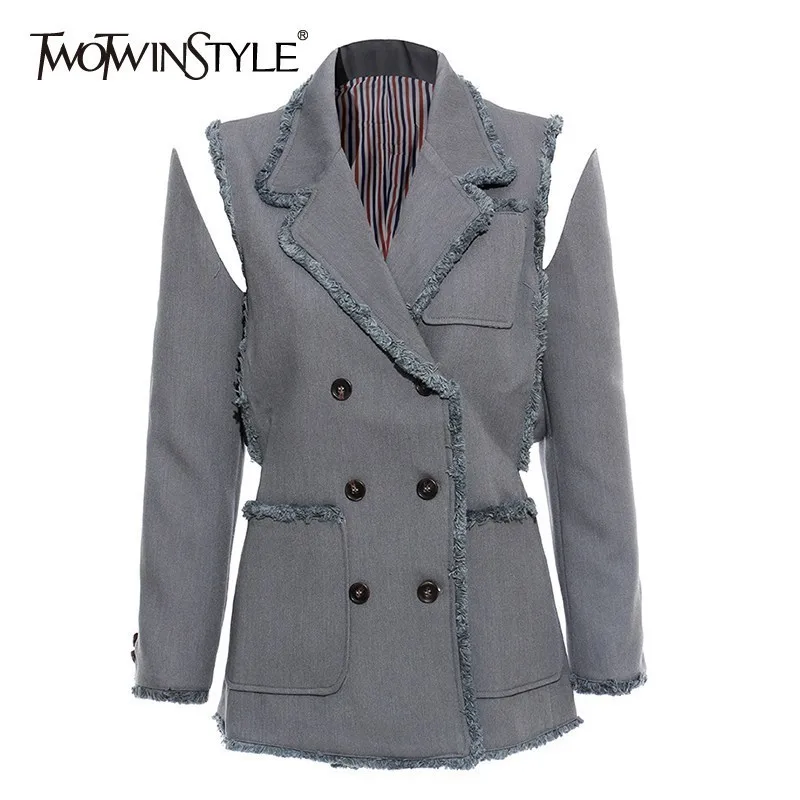 

TWOTWINSTYLE Tassel Patchwork Blazer For Women Lapel Collar Long Sleeve Big Size Coat Tops Female OL Fashion 2019 Autumn New
