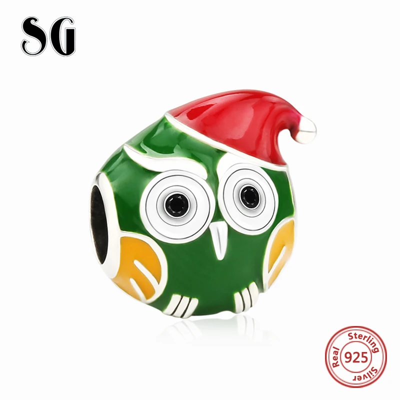 

SG 925 Sterling Silver green owl Beads Charms with red enamel Christmas hat Fit authentic European Bracelets Jewelry making Gift