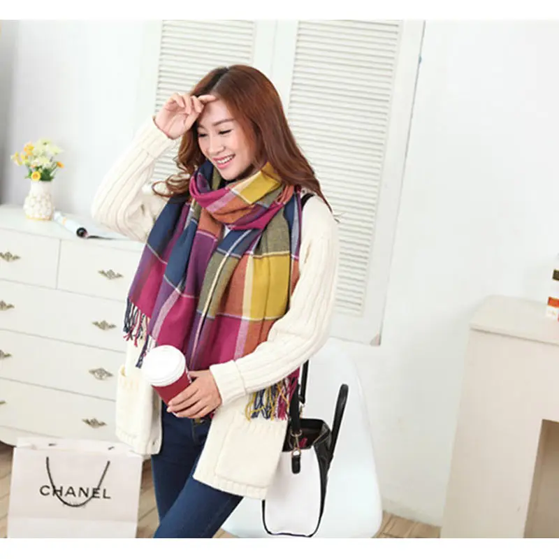 Winter Plaid Scarf Women Casual font b Tartan b font Tassel Foulards Femme Echarpes Chic One