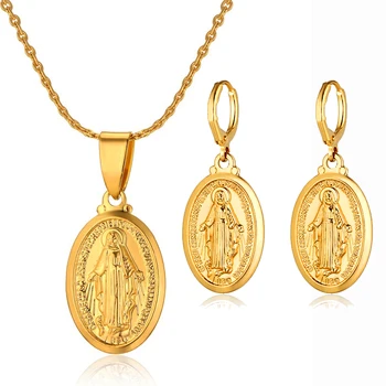 

Virgin Mary Jewelry Set Trendy Gold Color Our Lady Women Men Jewelry Wholesale Cross Pendant Necklaces Set