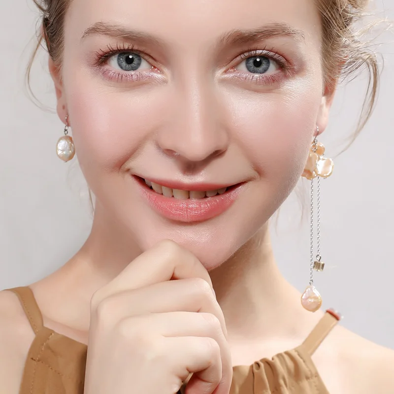 

DAIMI Shining Pink Keshi Pearl Earrings 10-11mm Asymmetrical Earrings Elegant 925 Silver Earrings