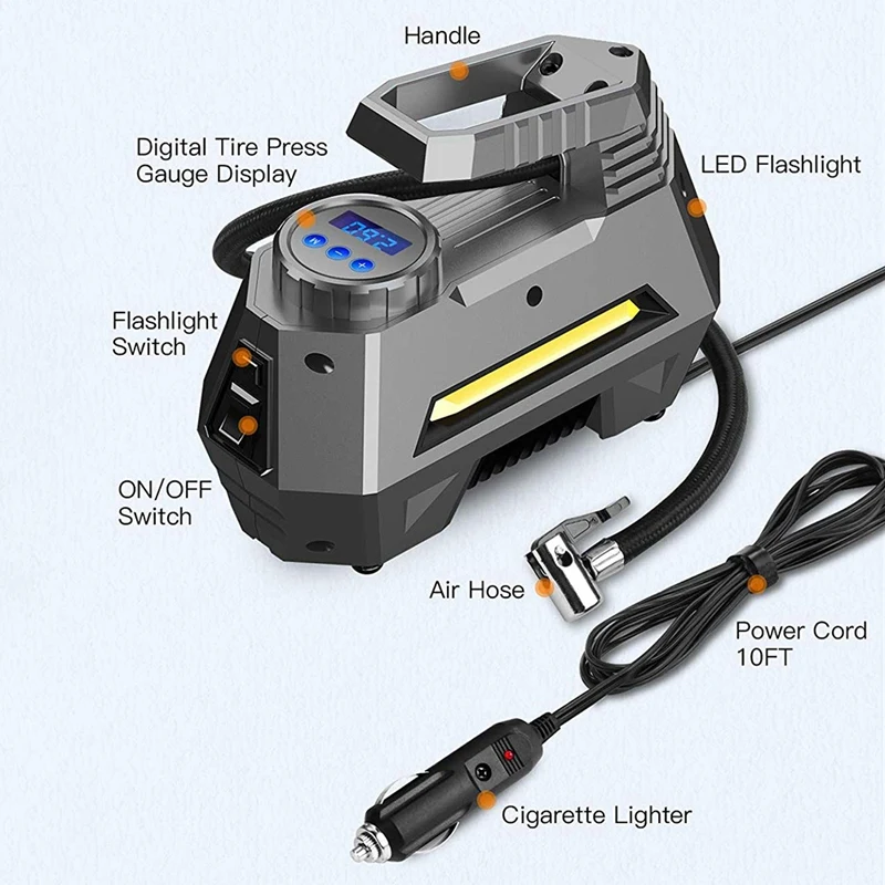 Портативный воздушный компрессор шинный насос-насос для автомобильных покрышек с цифровым манометром(150 Psi 12V Dc), яркий аварийный Flashligh