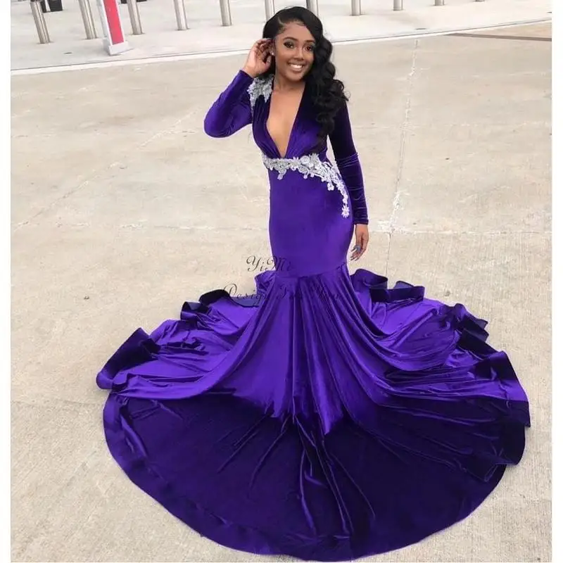 

African Mermaid Evening Dresses 2019 robe de soiree Black Girl Women Long Sleeve Prom Dress Deep V Neck Formal Party Gowns
