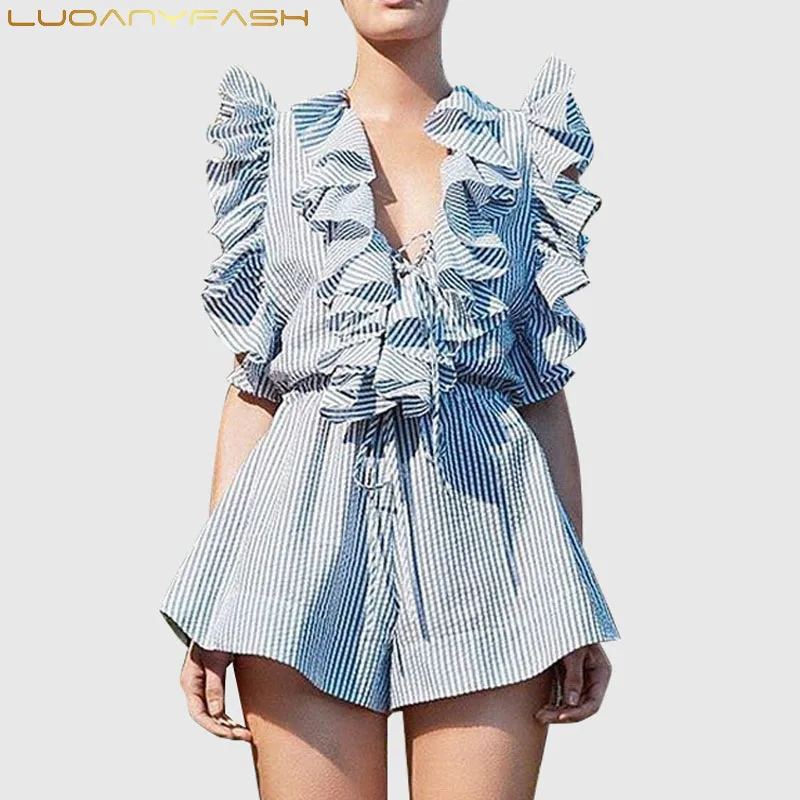Luoanyfash Overalls For Women Striped Ruffles Playsuit V