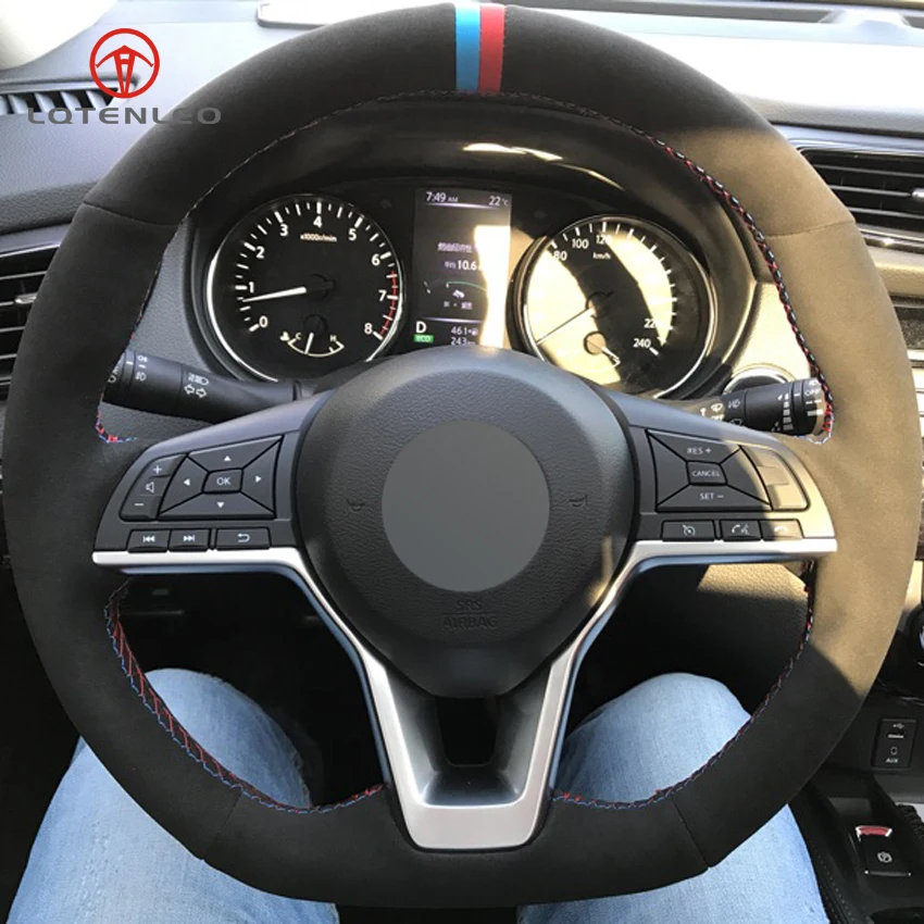 LQTENLEO Black Suede DIY Car Steering Wheel Cover for Nissan Kicks X