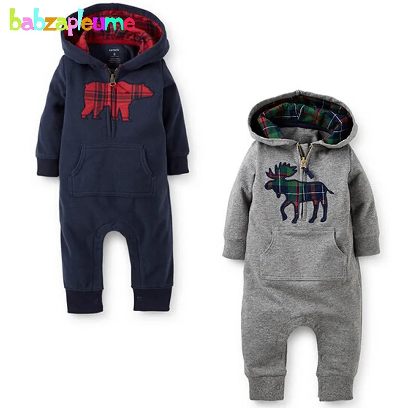 

0-18Months/2017 Spring Autumn Baby Boys Rompers Long Sleeve Hooded Gray Blue Jumpsuit Infant Clothes For Newborn Clothing BC1062