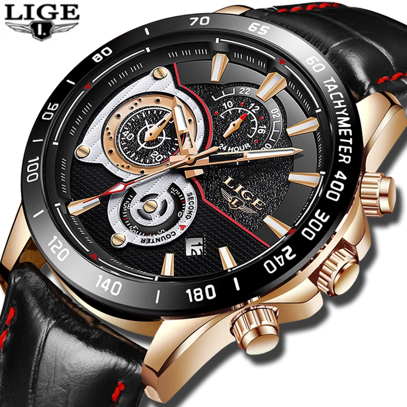 

Mens Watches LIGE Top Brand Luxury Men Waterproof Military Sports Watch Multi-function Leather Quartz Watch Relogio Masculino