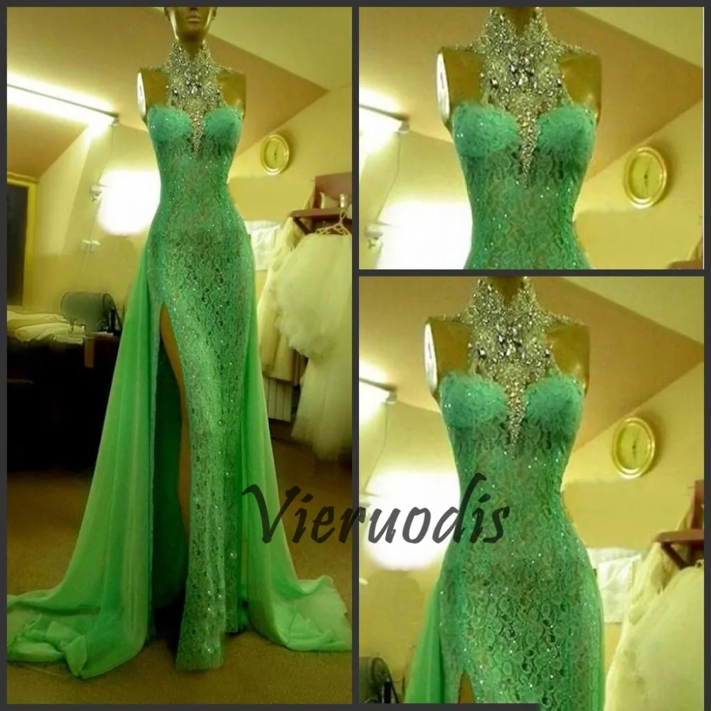 3212016 Emerald Green Evening Dresses High Collar with Crystal Diamond Arabic Evening Gowns Long Lace Side Slit Dubai Evening Dresse Made China