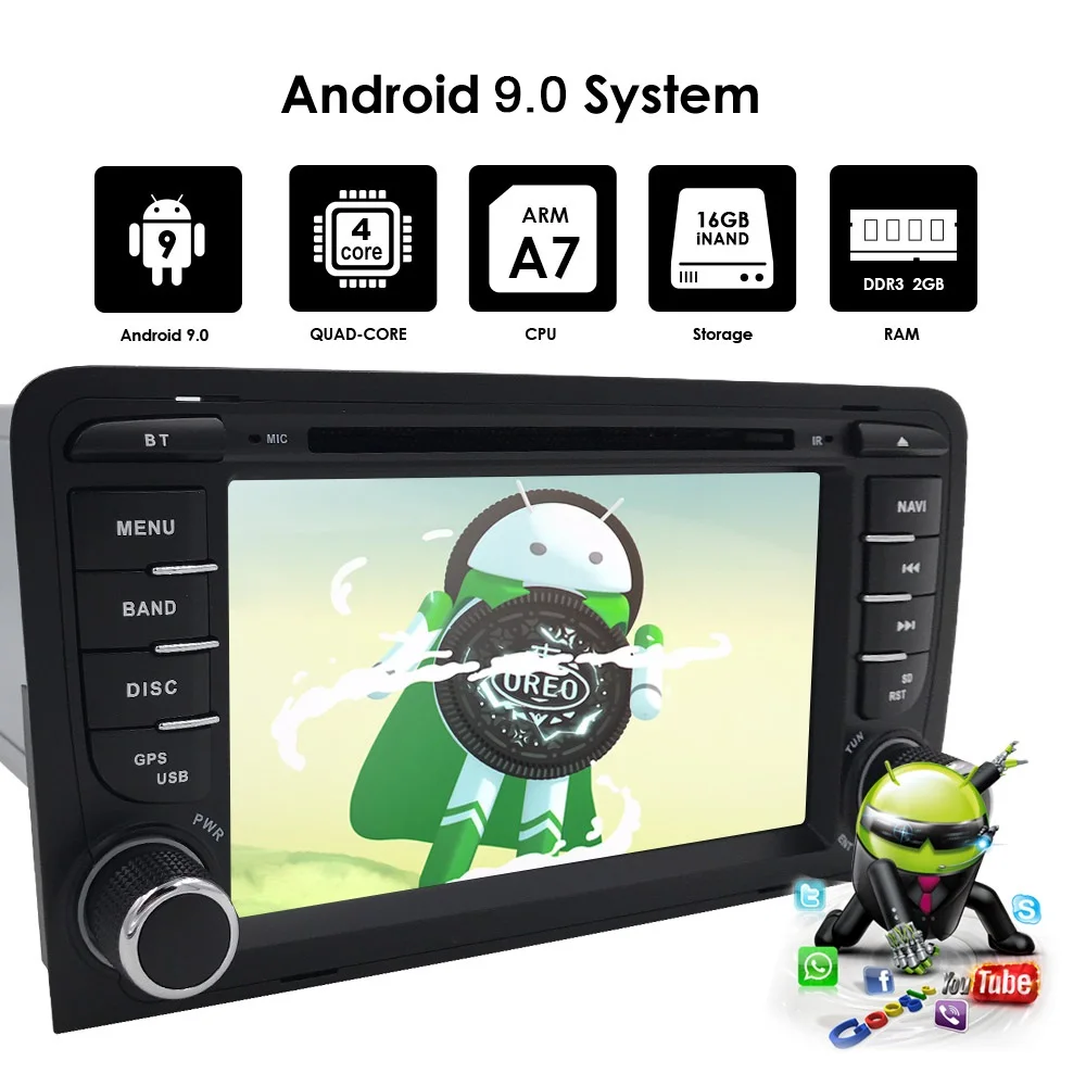 Perfect Ossuret Car Multimedia player Android 9 GPS 2 Din Autoradio Stereo System For Audi/A3/S3 Quad Core 2GB RAM wifi Car DVD Player 8
