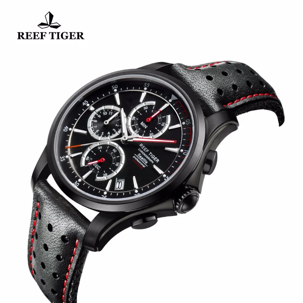 Reef Tiger/RT мужские спортивные кварцевые часы с хронографом и датой черные стальные повседневные часы с супер светящимися RGA1663