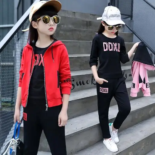 

Girls Clothing Set 2019 Autumn Children Hooded Sports Suit School Girl Long-sleeved Clothes 3pcs/Sets 4-14 years kids Tracksuits