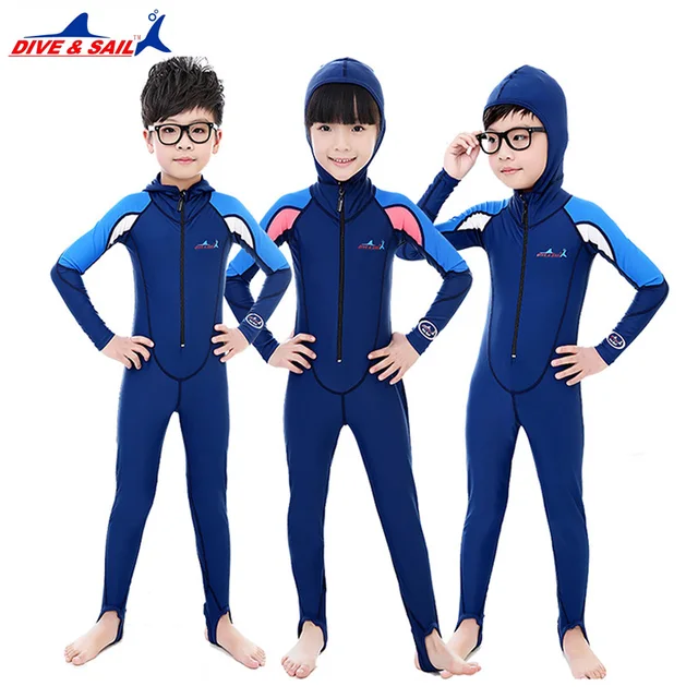 Best Offers children's Wetsuit One Piece Hooded Swimsuit Children's  Long Sleeves UV protection Swimwear Surfing Swim Diving Suit Boys Girls