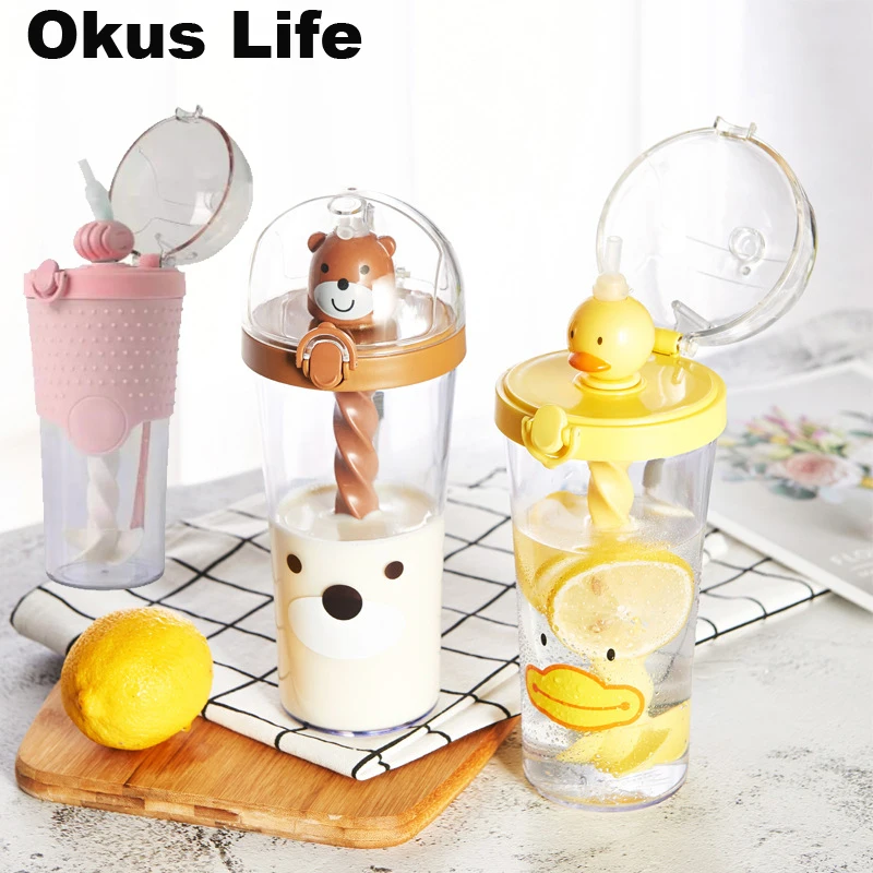 

500ml Animal Children Straw Stir Water Mixing Cup Manual Operation Plastic Sports Drinking Wine Glass Portable Student Organizer