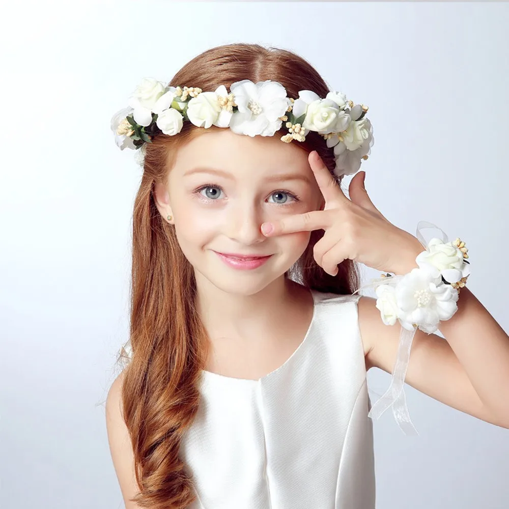 

2PC Fashion Women Ladies Summer Wedding Bride Girl Lace Flowers Crown Garland Party Vacation Headband & Hand Flower Wreath Set