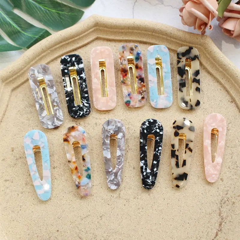 

Girls Japanese Style Side Hollow Geometric Water Drop Shape Duckbill Colored Marble Textured Printed Acetic Acid Barrettes
