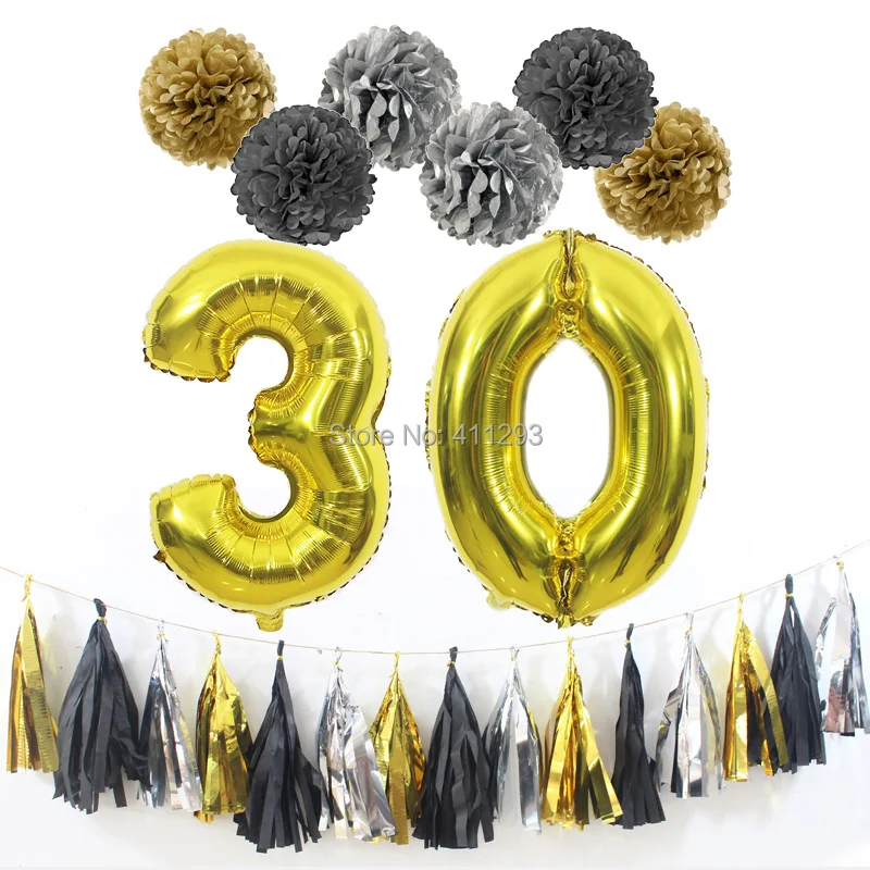 10, 20, 30, 40, 50, 60, 70, 80 лет, юбилейные праздничные украшения, бумажные помпоны с кисточками для взрослых, золотые шары из фольги для дня рождения, вечеринки