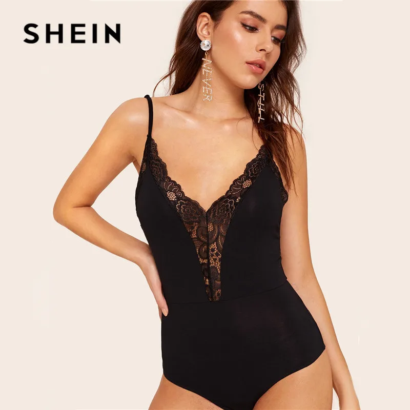 SHEIN Боди На Бретелях С Кружевом И Вставкой V Образным Вырезом Женское Летнее