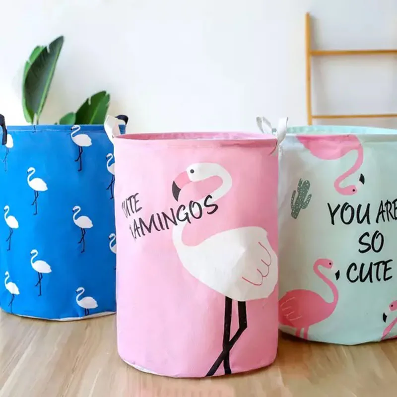 

Cotton Linen Zakka Toy Storage Laundry Basket Large Capacity flamingos Blue Pink With Handle Fold Bin 35x45cm