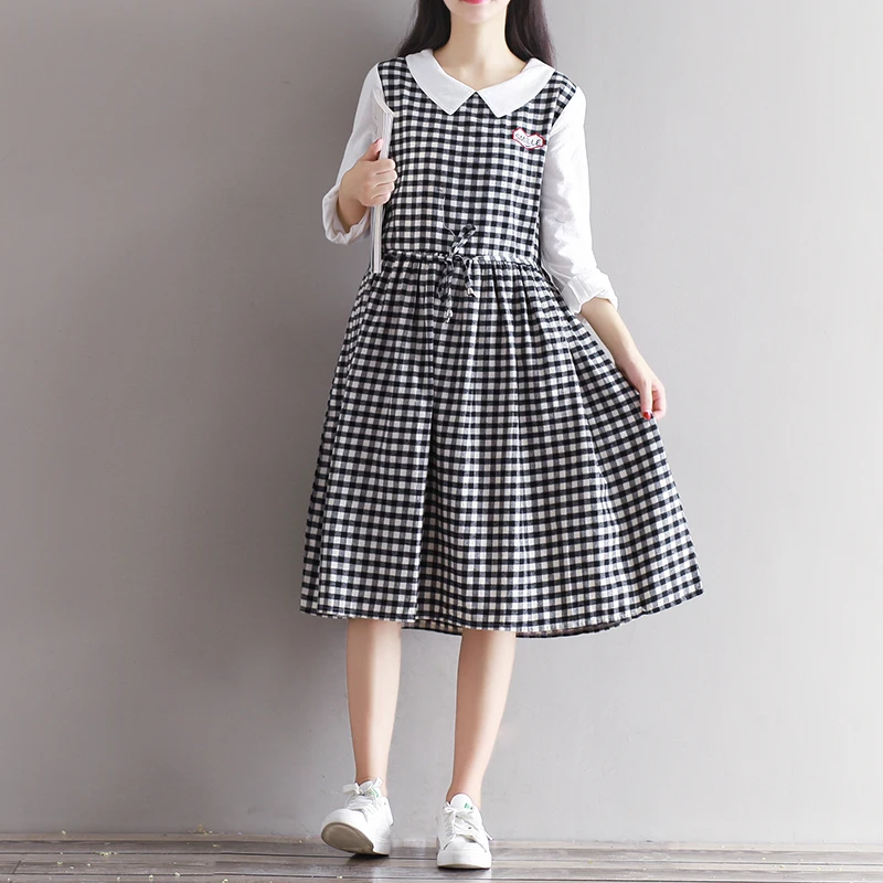Cotton Linen Dress 2016 New Autumn Cute Style Women's Clothing Literary Plaid Printed Dress Full Sleeve Peter Pan Collar Dresses