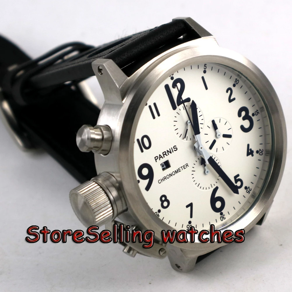 50mm Parnis white dial black marks Chronograph Lefty quartz mens Watch