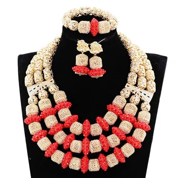 

Luxury Red/Champagne Gold African Beaded Jewelry Set Nigerian Wedding Crystal Beads Necklace Set Free Shipping JB072