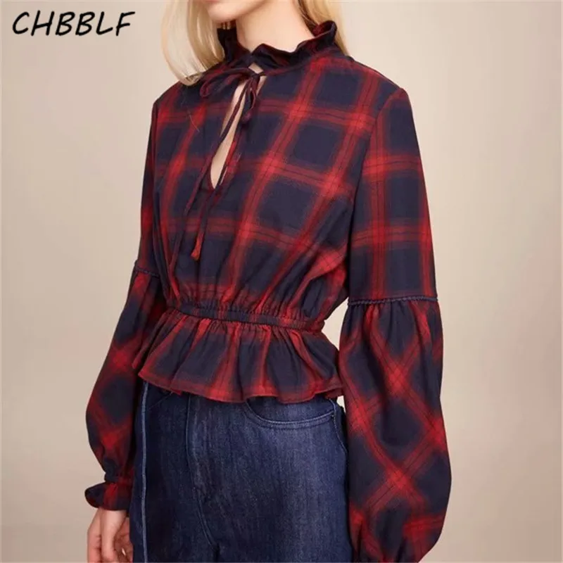 

CHBBLF women chic plaid blouse ruffled bow tie collar long sleeve pleated shirts female casual retro tops blusas HGH1758