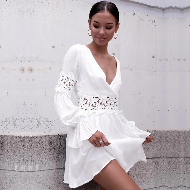 

sexy white dress women beach party lace mini long sleeve wrap robe femme backless crochet short dresses elegant summer autumn
