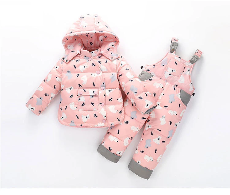 Зимняя верхняя одежда для малышей, пальто зимняя одежда Комплекты из 2 предметов пуховая куртка с рисунком+ комбинезон, толстый детский зимний комбинезон, одежда для маленьких мальчиков и девочек, Z125