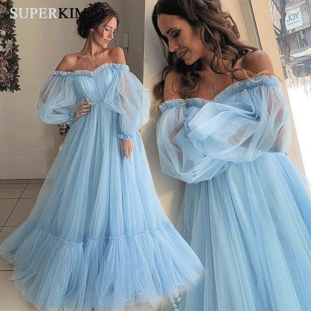 

SuperKimJo Blue Prom Dresses 2019 Off the Shoulder Elegant A Line Tulle Cheap Prom Gown Vestido Longo Vestidos De Gala