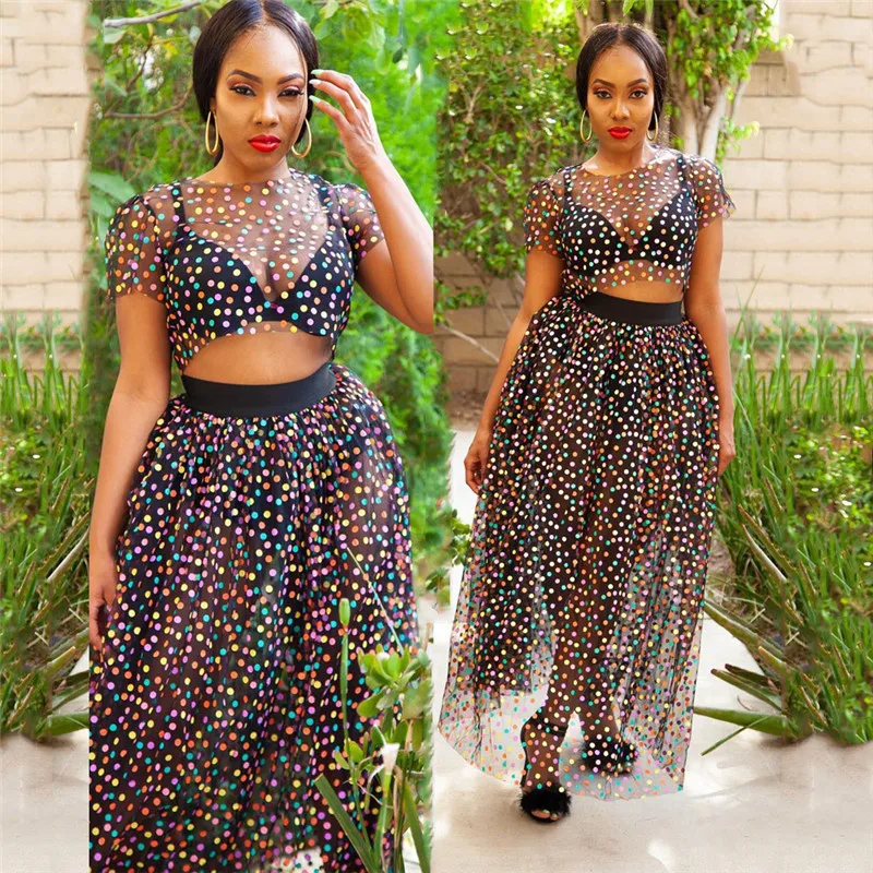 fashion colorful spot mesh skirt 2 piece set-8