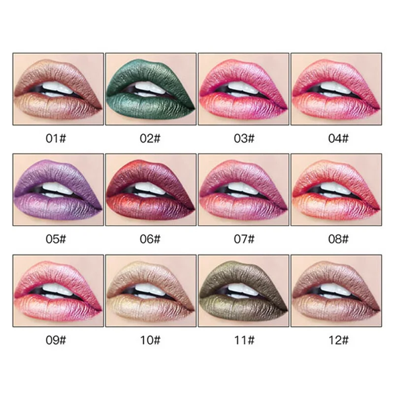 

12 Colors metallic lip gloss lasting do not fade does not stick cup mouth red pearl lipstick green nude color lips make-up