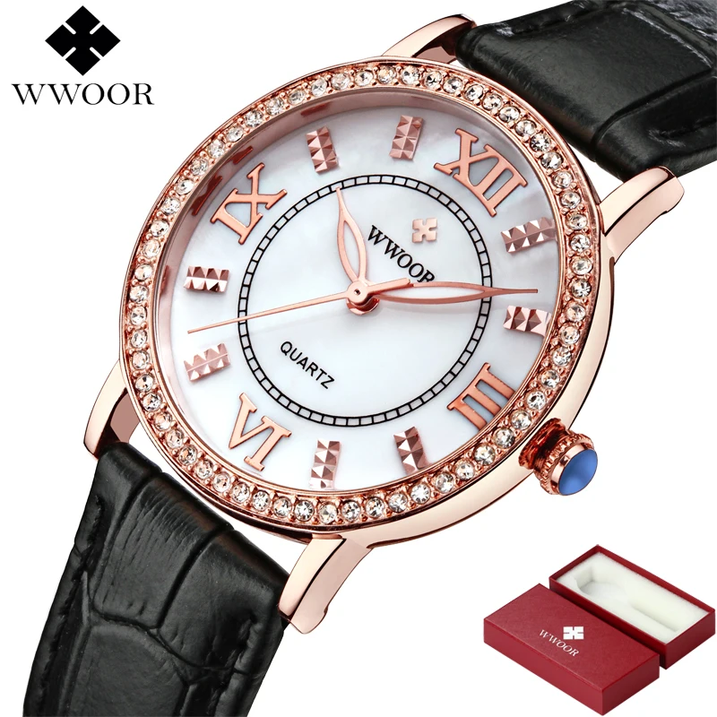 Brand Luxury Women Watches Red Leather Rhinestones Dress Casual Rose Gold Women Quartz Wrist Watch Ladies Clock Relogio Feminino