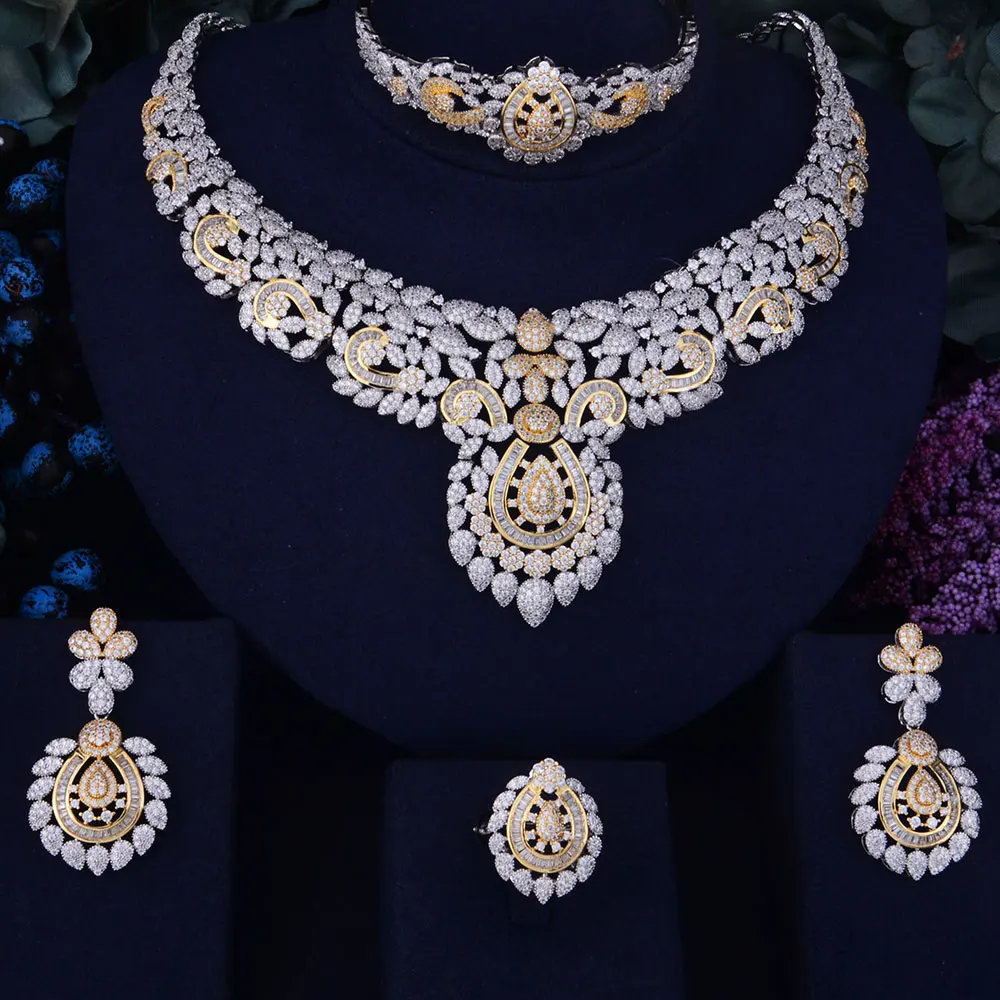 GODKI Flower Leaf Luxury Women Nigerian Wedding Naija Bride Cubic Zirconia Necklace Dubai 4PCS Dress Jewelry Set