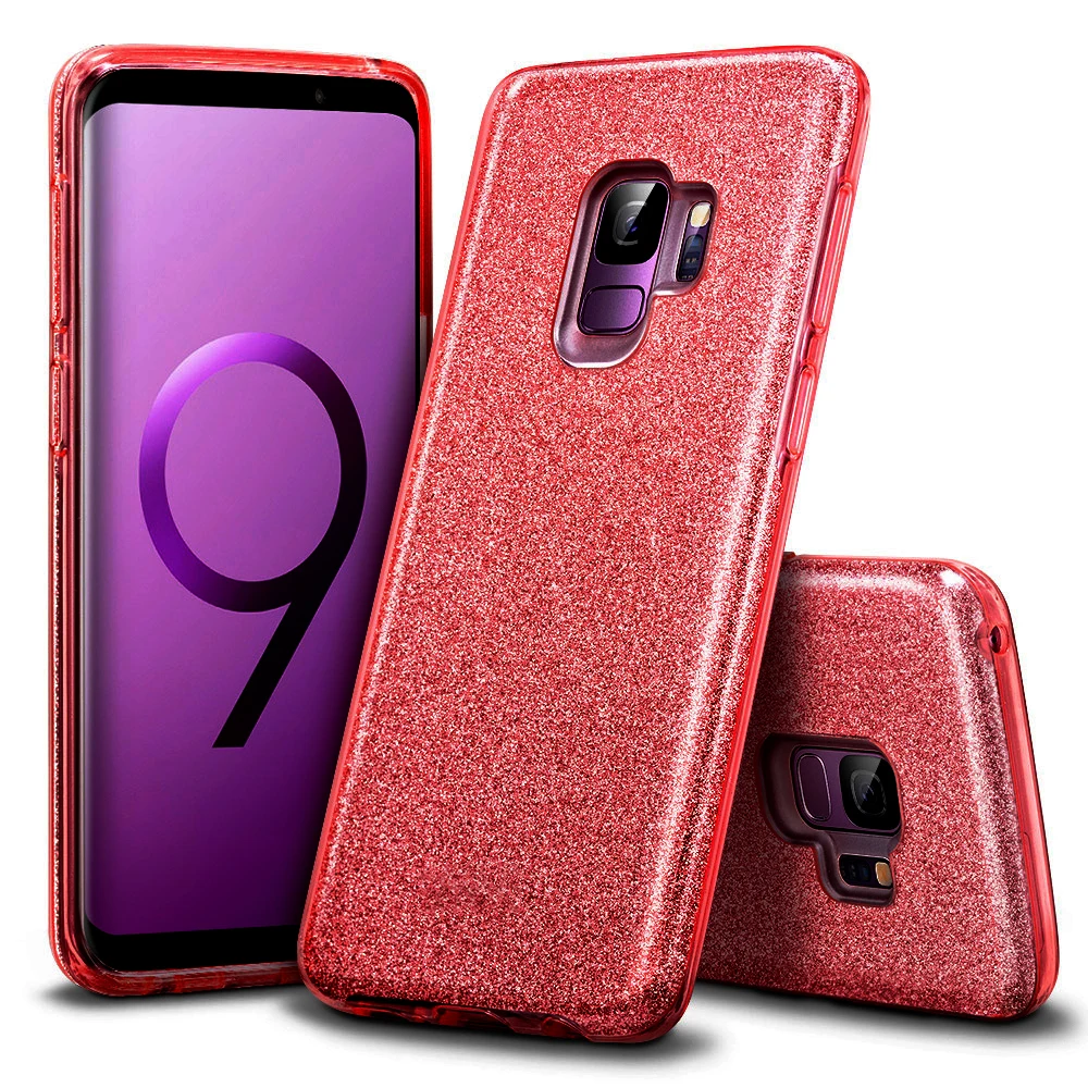 3 Слои утепленные ударостойкий чехол для samsung Galaxy S10 плюс S10e S8 S9 A6 A8 J4 J6 плюс A7 J8 чехол из поликарбоната+ ТПУ блестящий сверкающий мягкий - Цвет: Red