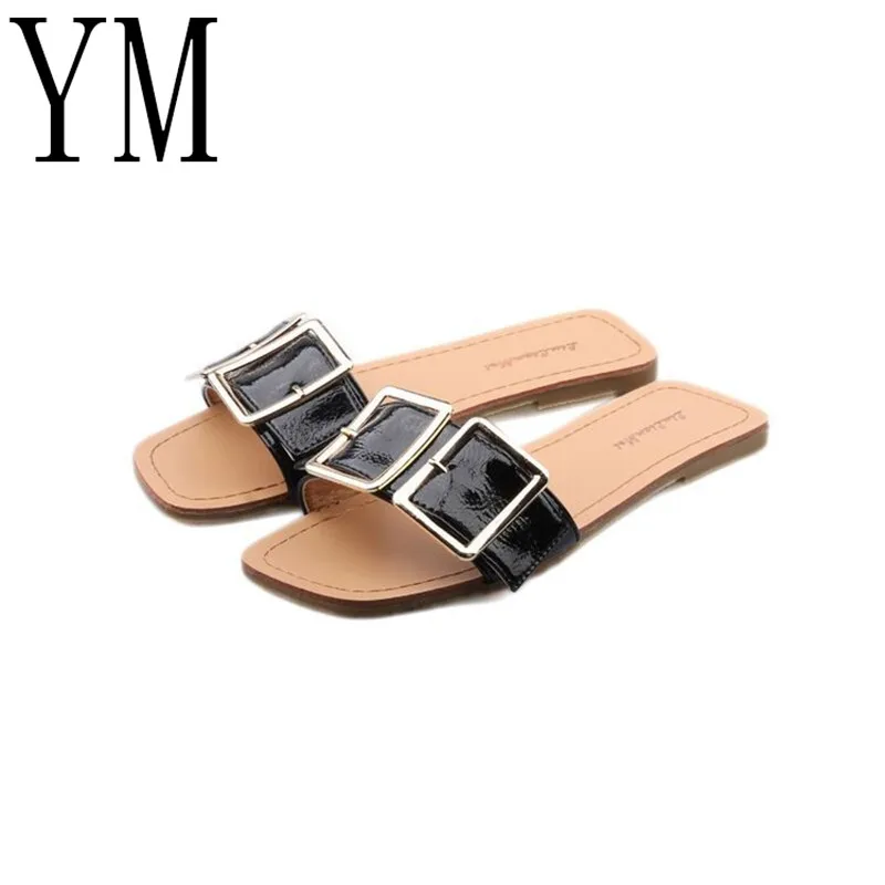 

Hot Outdoors Square toes Light Soft Black Leather Slipper Buckle Women Shoes Spring Summer Sandals Air Non-slip Lady's Slippers