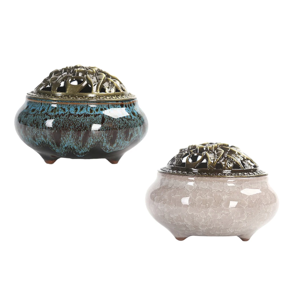 2x Vintage Chinese Ceramic Incense Burner Holder Buddhist Cones Coil Spiral Censer Ash Catcher Bowl with Alloy Cover