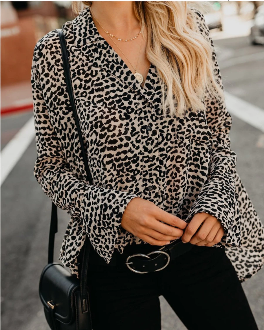 

Casual Long Flare Sleeve Leopard Loose Blouse Deep V Lapel Collar Woman Sexy Ol Shirts Contrast Color Patchwork Female Shirts