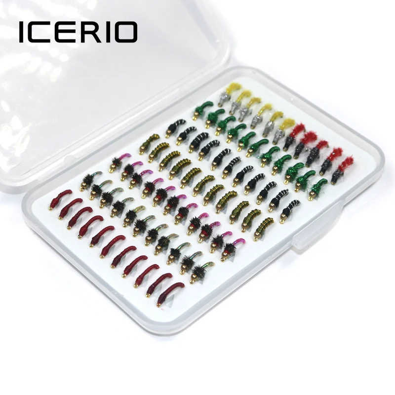 ICERIO 77pcs/set Portable Boxed Nymph Scud Midge Flies Trout Fly Fishing Lure Baits