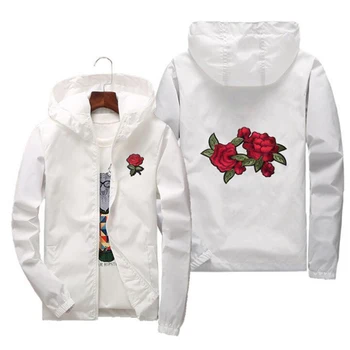 

Spring Men Jacket Women Coat Embroidery Rose Casual Couples Jackets Mens Fashion Thin Hooded Clothes Short Coats Man MY016