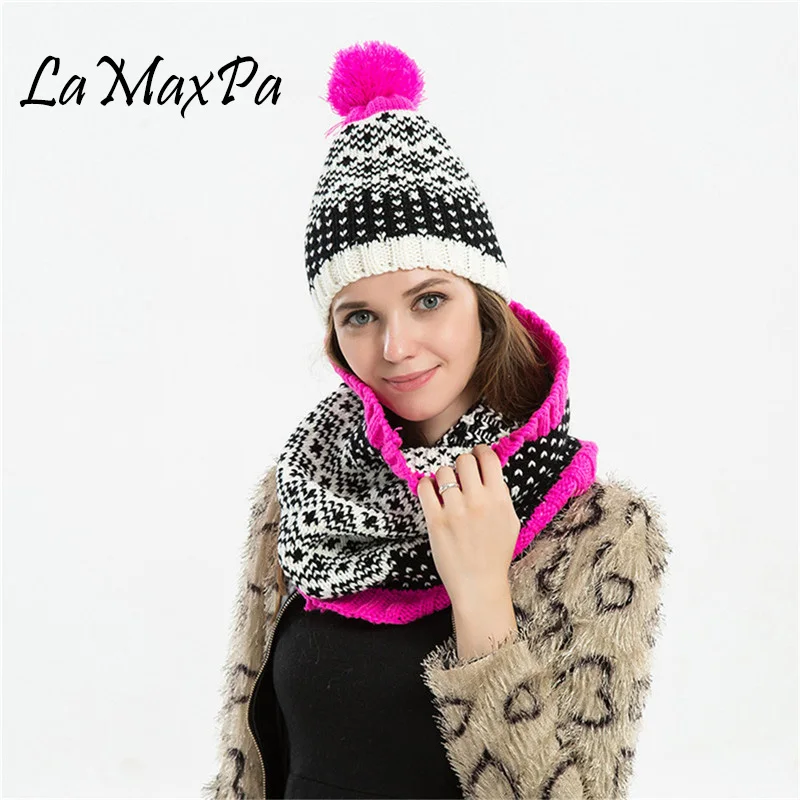 LaMaxPa 2018 новые модные однотонные утепленные Для женщин шарф, шляпа устанавливает помпоном кольцо 2 шт. трикотажные зимние теплые мягкие Beanis