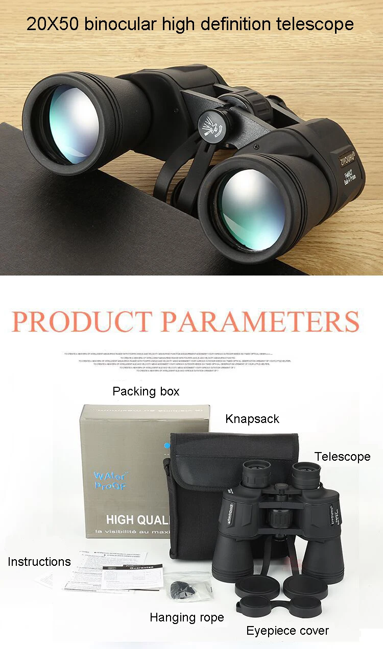 Telescópio para a Caça de Acampamento Binocular ao ar Ipx4 à Prova Ziyouhu Binóculos Viagem Dwaterproof Água Bak4 Prisma Alta Definição Livre 20x50 7 High Quality Ferramenta