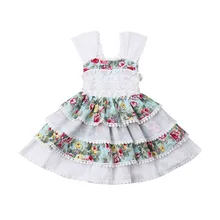 Младенцы, малыши, дети платье для маленьких девочек летние короткий рукав Принцесса рюшами цветочный хлопок Лук Милая одежда костюм костюмы