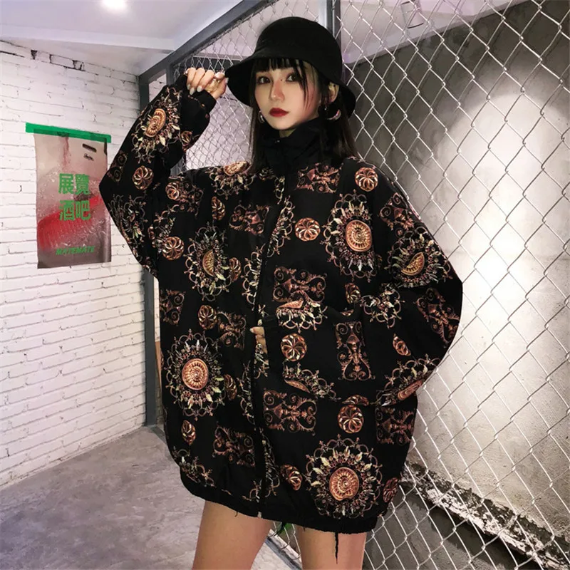 2018 الخريف والشتاء طباعة الرجعية سترة فضفاضة Streewear المتضخم الأسود طويل الأكمام سترة الكورية Ulzzang المتناثرة قمم إمرأة 2018 الخريف والشتاء طباعة الرجعية سترة فضفاضة Streewear المتضخم الأسود طويل الأكمام سترة الكورية Ulzzang المتناثرة قمم إمرأة