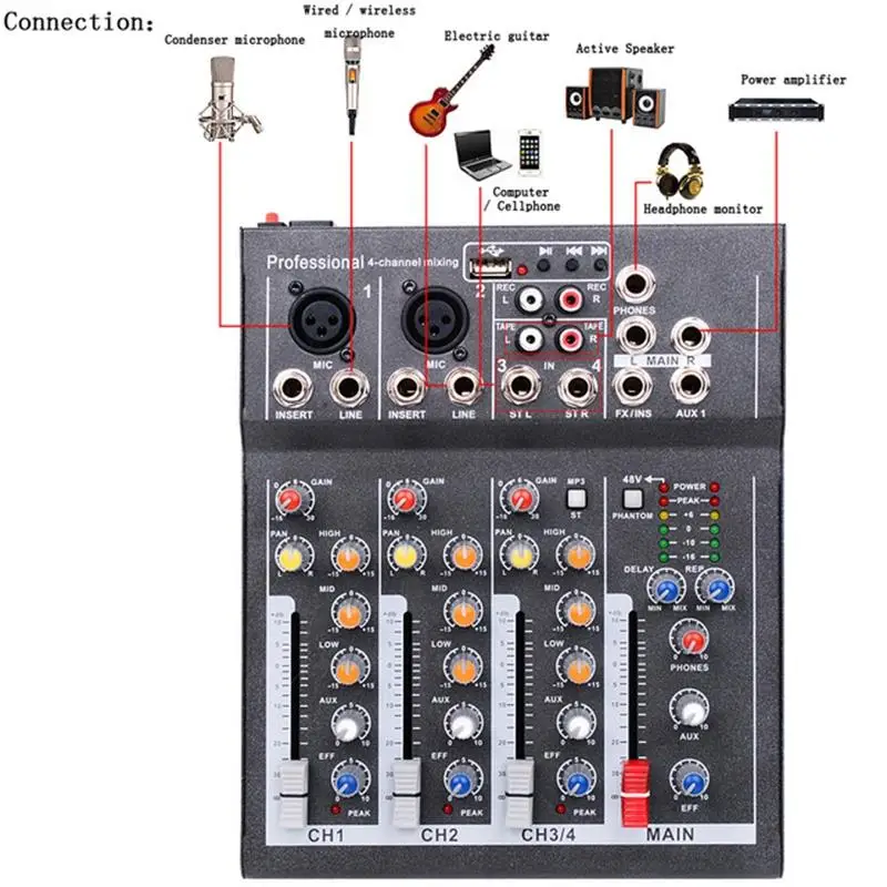 ЕС Plug Мини Портативный аудио микшер с Usb Dj звук микшерный пульт Mp3 Jack 4 канала караоке 48 в усилитель для караоке Ktv Ma