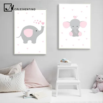 

Elephant Nursery Wall Art Canvas Poster Pink Cartoon Print Painting Simple Nordic Kids Decoration Picture Girls Bedroom Decor