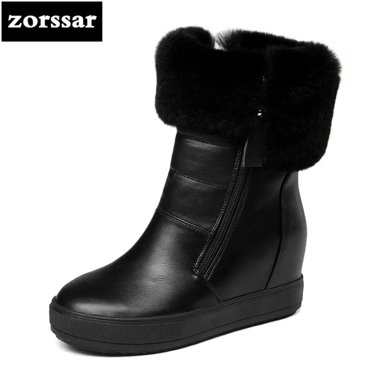 

{Zorssar} Winter fur Women Boots Wedges pu leather ankle Snow Boots Female Warm Plush Insole shoes High Quality Botas Mujer