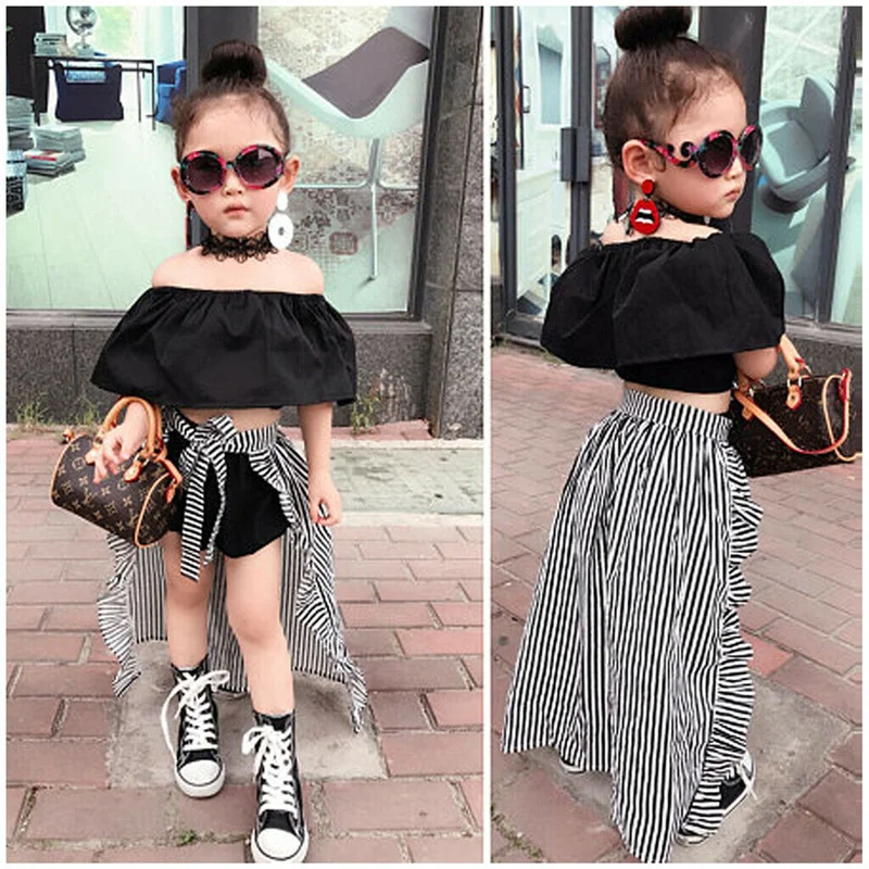 

3pcs Set Newborn Toddler Kids Girl Clothes Ruffle Off Cold Shoulder T-shirt Tops + Shorts and Striped Skirt Outfits Sets 3-7Y