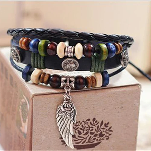 

Unisex Vintage Multilayer Faux Leather Wing Charm Wooden Beads Bracelet Bangle