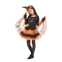 Прекрасный Хэллоуин Тыква ведьмы костюм для девочек косплей для девочек ребенок Пурим карнавальное вечерние Mardi Gras нарядное платье